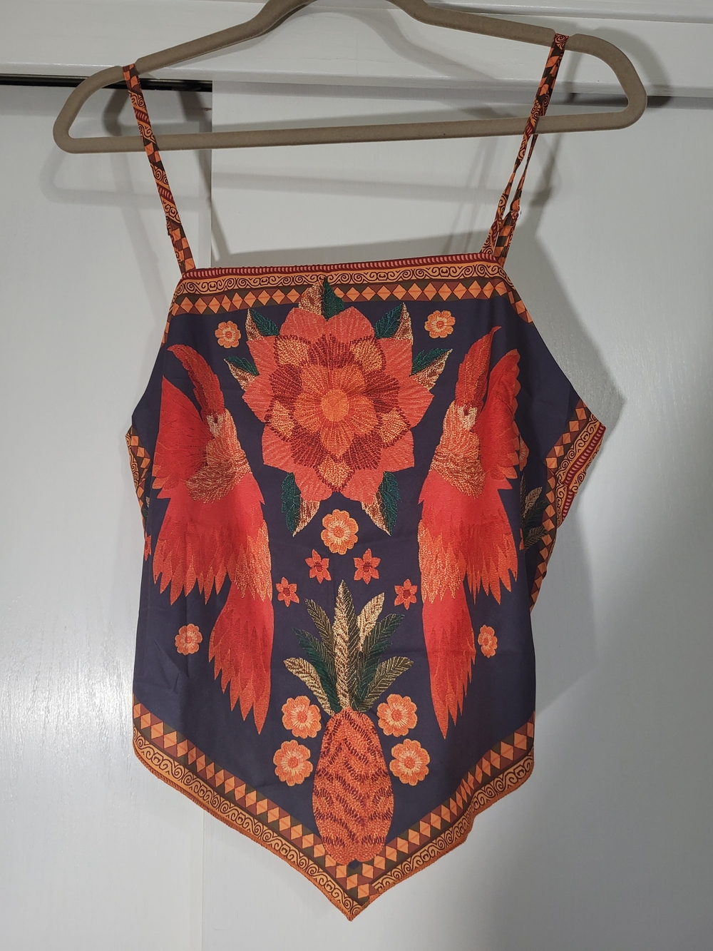 Floral Embroidered Handkerchief-Hem Cami in Navy and Orange